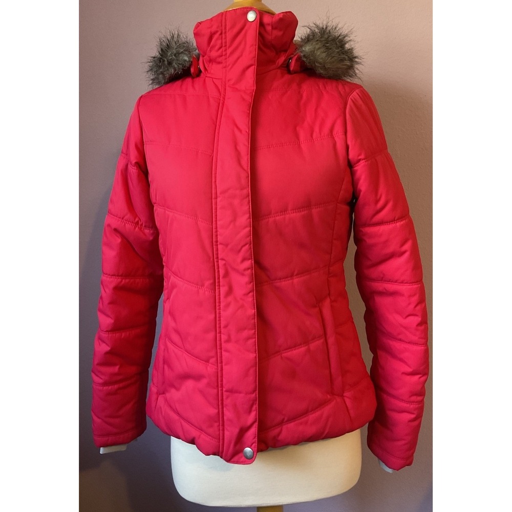 Columbia Puffer Jacket Faux Fur Hood Pink XS
